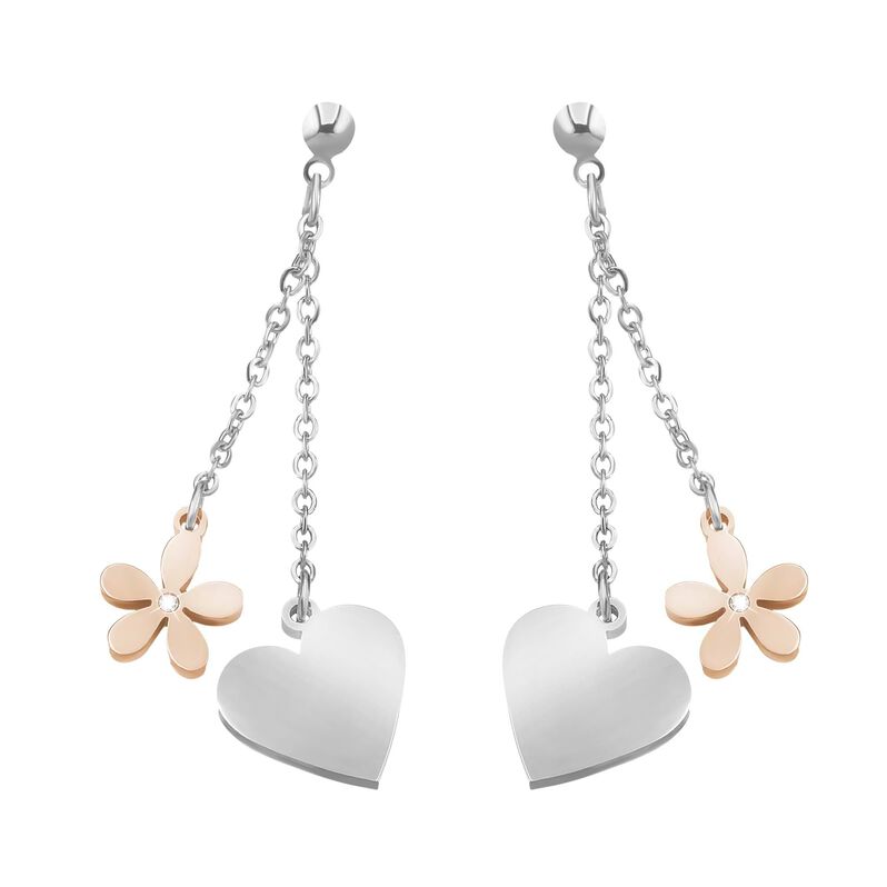 Orecchini cuore e fiore in acciaio bicolore e cristalli - Orecchini Pendenti Donna | Stroili